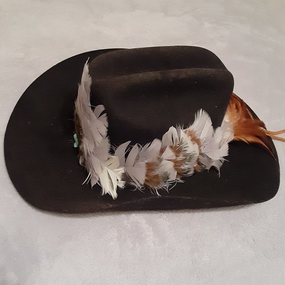 Authentic Cowboy Hat & Band: Texas MHT * Turquoise & Feather * 3X Beaver Blend - Picture 6 of 16
